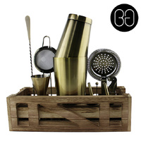 Cocktail Kit with Wooden Stand - Antique Gold