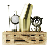 Signature Barware Cocktail Kit with Wooden Stand - Antique Gold 