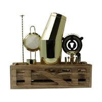 Signature Barware Cocktail Kit with Wooden Stand - Gold