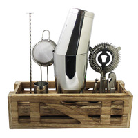 Cocktail Kit with Wooden Stand - Stainless Steel