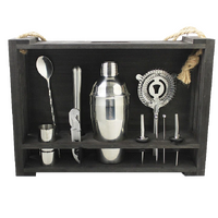  Cocktail Kit with Black Hanging Wooden Stand - Stainless Steel