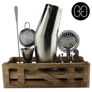 Cocktail Kit with Wooden Stand - Stainless Steel