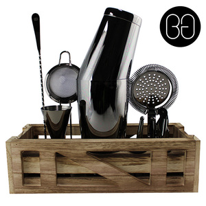 Cocktail Kit with Wooden Stand - Black Chrome