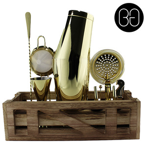 Cocktail Kit with Wooden Stand - Gold