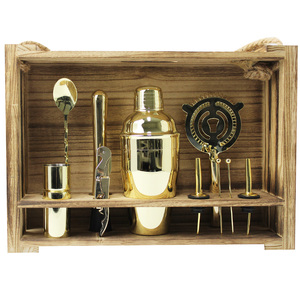 Cocktail Kit with Light Hanging Wooden Stand - Gold